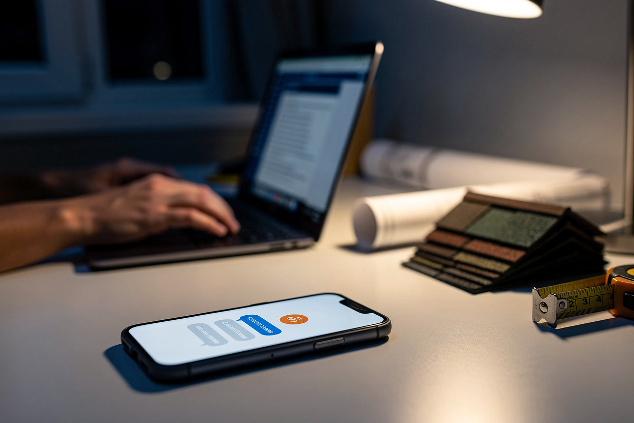 WebZum AI chatbot interface capturing roofing leads 24/7 on a homeowner's laptop at night