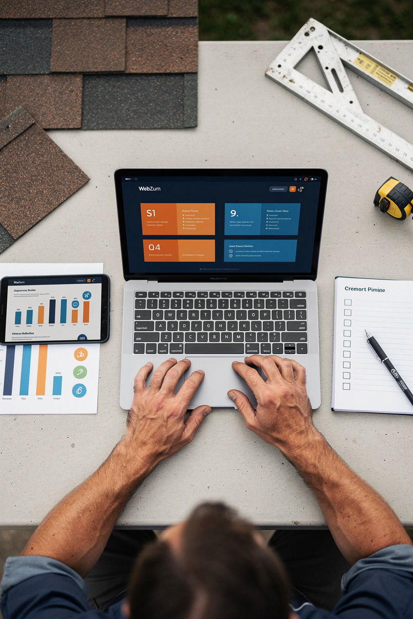 WebZum roofing contractor comparing website builders on laptop - lead generation framework