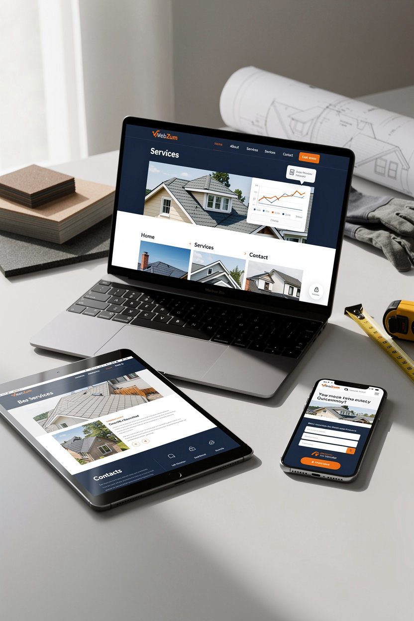 WebZum multi-page roofing website displayed on desktop, tablet, and mobile devices with responsive design