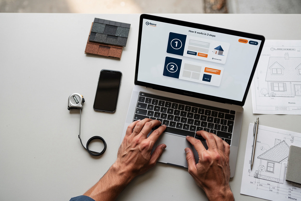 WebZum AI website builder process - roofer confidently reviewing their new roofing website on laptop