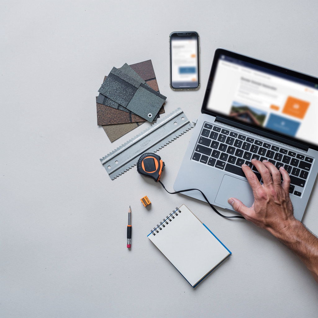 WebZum roofing contractor using laptop to build and manage professional website with AI chatbot lead capture